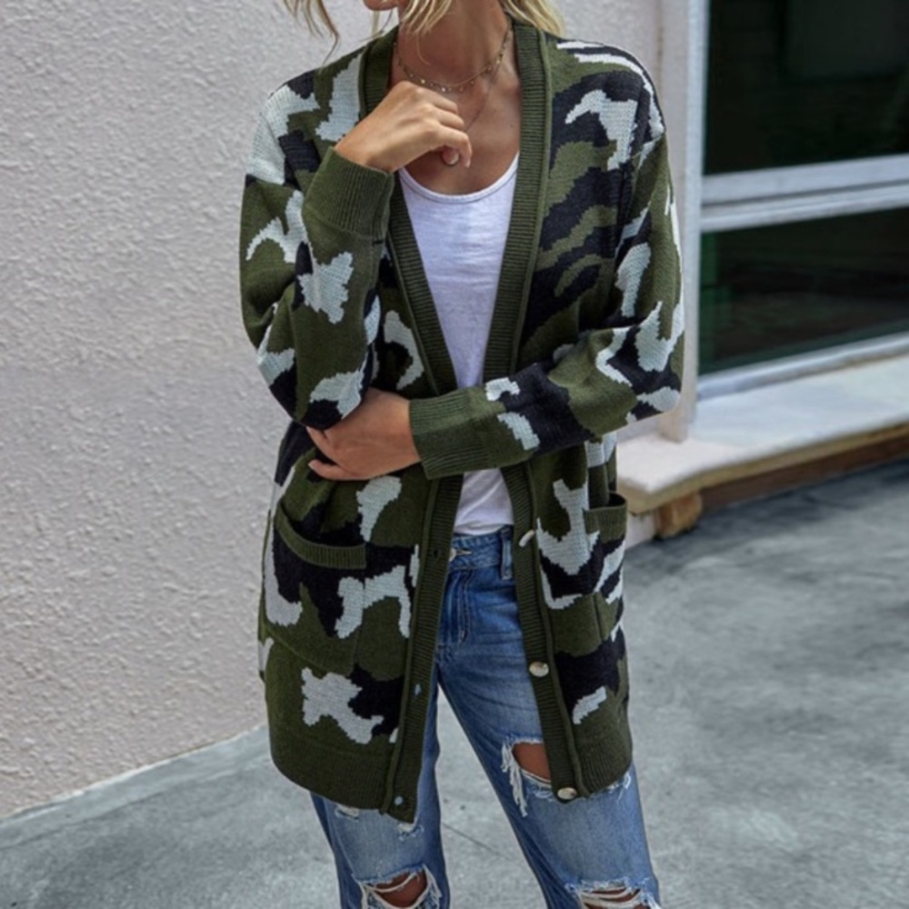 SOLD OUT CLEARANCE Olive Camouflage Button Front Knit Cardigan - Picture 5 of 8